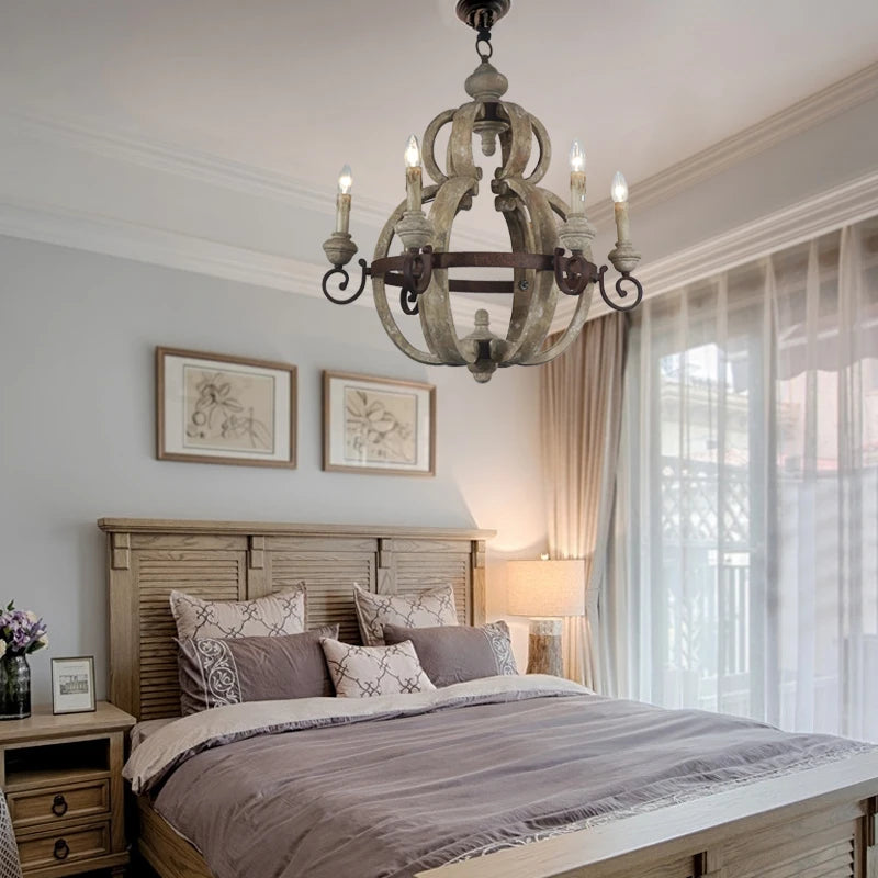 Lustre vintage rustique bois avec 6 lumières décorative