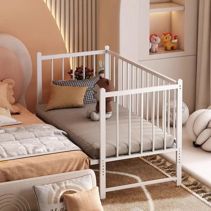 Iron art children's splicing bed with seamless connection, adjustable height, no guardrail, baby fall prevention, widened single - vue 3 sur 9