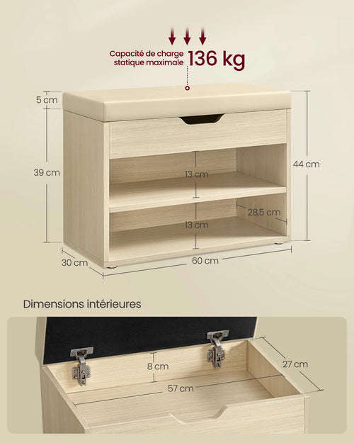 VASAGLE Shoe Bench, Bench, Shoe Rack with Padded Cushion, Shoe Organiser with 3 Levels, 30 x 60 x 44 cm, for Hallway - vue 6 sur 8