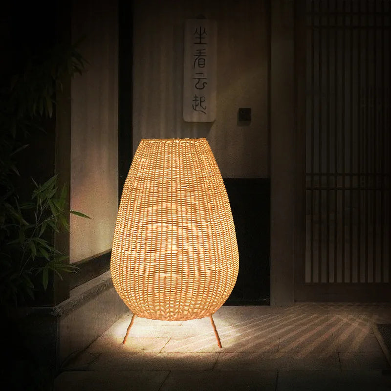 Lampadaire style asiatique en rotin naturel - vue 5 sur 12