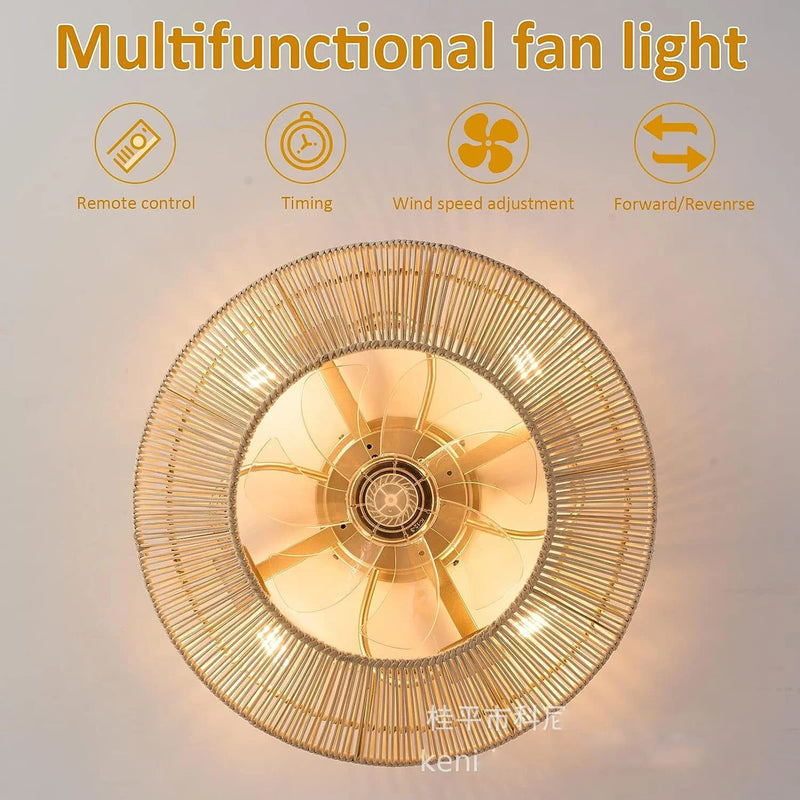 plafonnier ventilateur industriel avec lumière en bambou