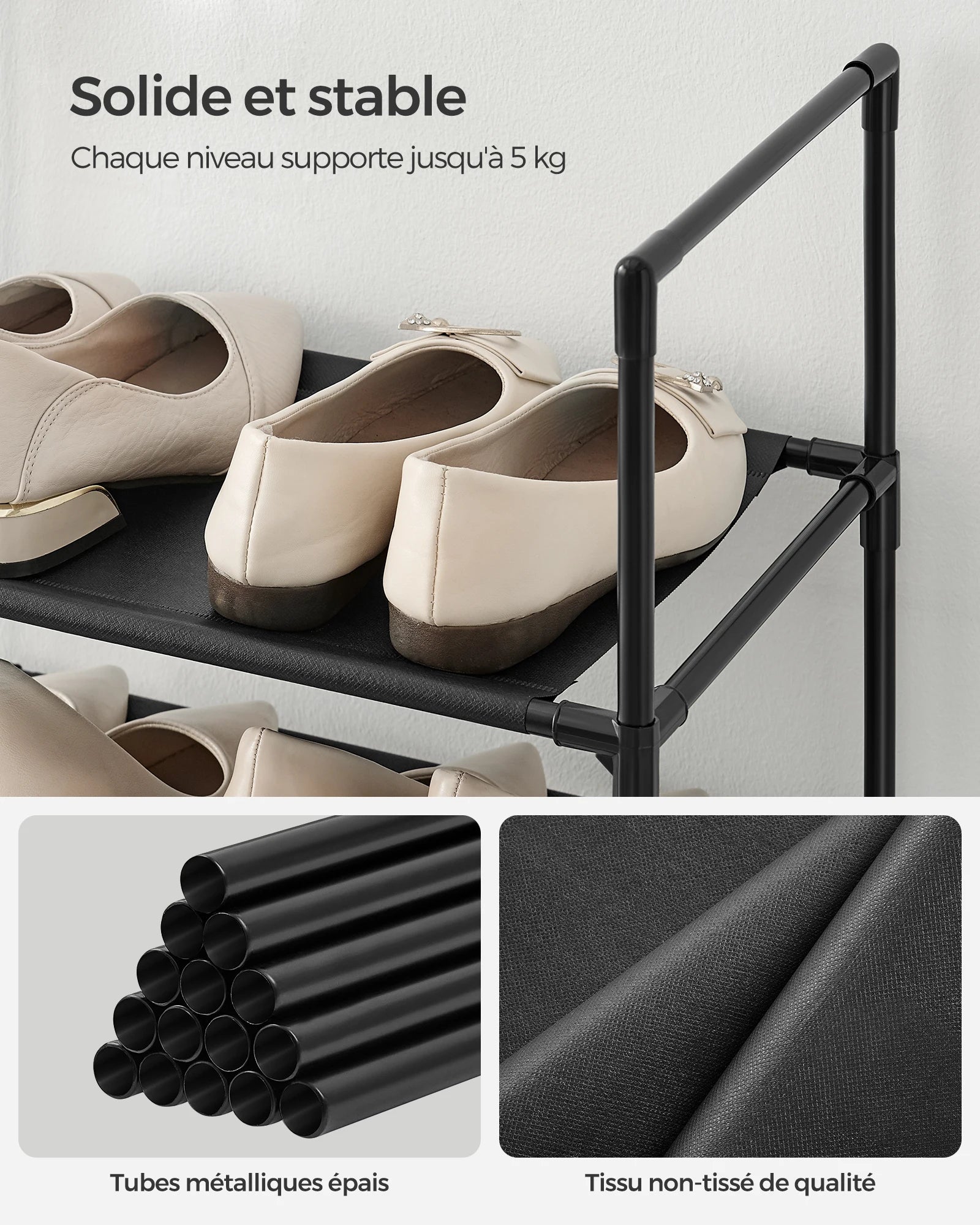 SONGMICS Shoe Rack, 10 Tiers, Narrow Shoe Rack, 28 x 45 x 173 cm, Metal Frame, Non-Woven Fabric Shelves, Hallway, Bedroom - vue 3 sur 7