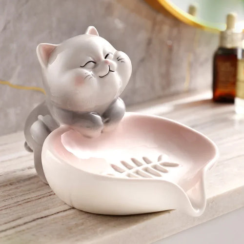 Ceramic Soap Holder for Household Desktop Decoration, Creative Cat Soap Box, Bathroom Drain, Cute Cartoon Storage Shelf - vue 3 sur 7