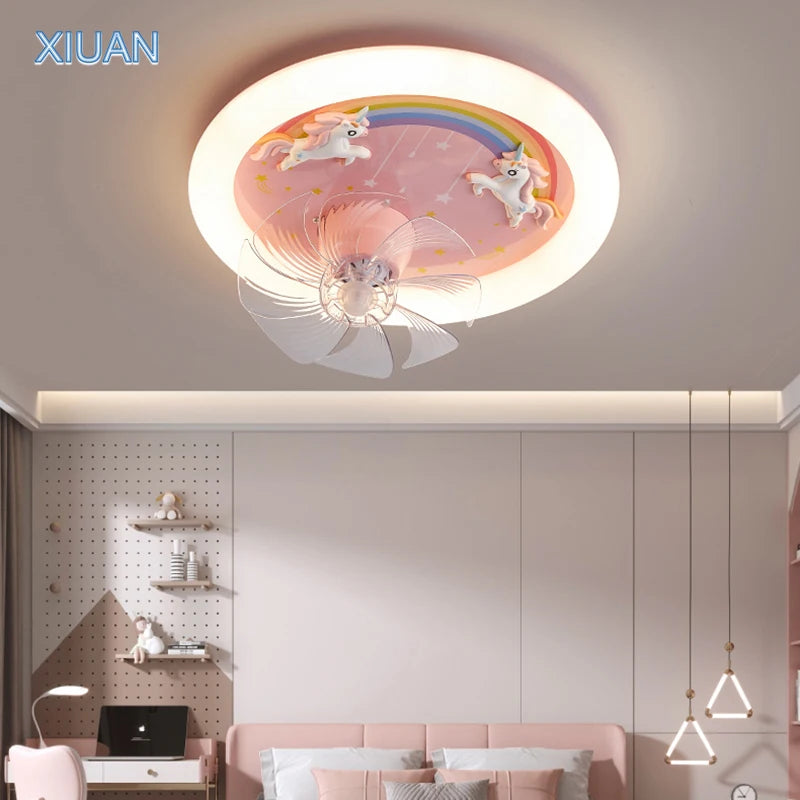 Creative LED Ceiling Light with Fan Pink Princess Children's Room Bedroom Ceiling Fan Resin Unicorn Rainbow Remote Control 220V - vue 4 sur 7