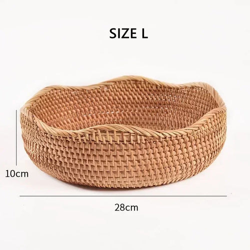 Round Rattan Fruit Basket, Wicker Woven Snack Tray, ,Bread Food Organizer, Kitchen Storage, Home Decoration