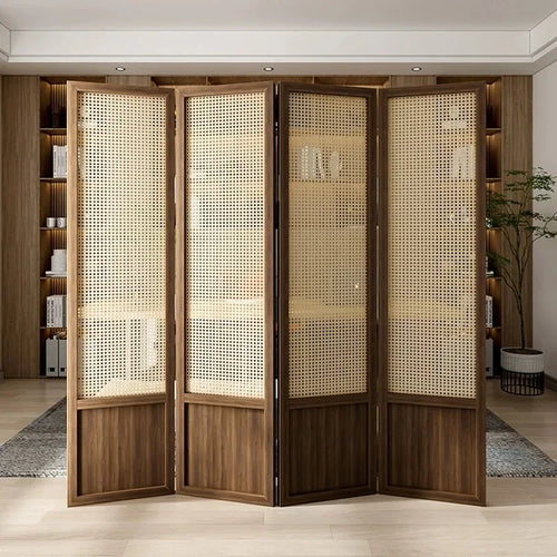 Chinese style rattan folding screen, mobile partition, living room covering, household bedroom, homestay - vue 6 sur 6