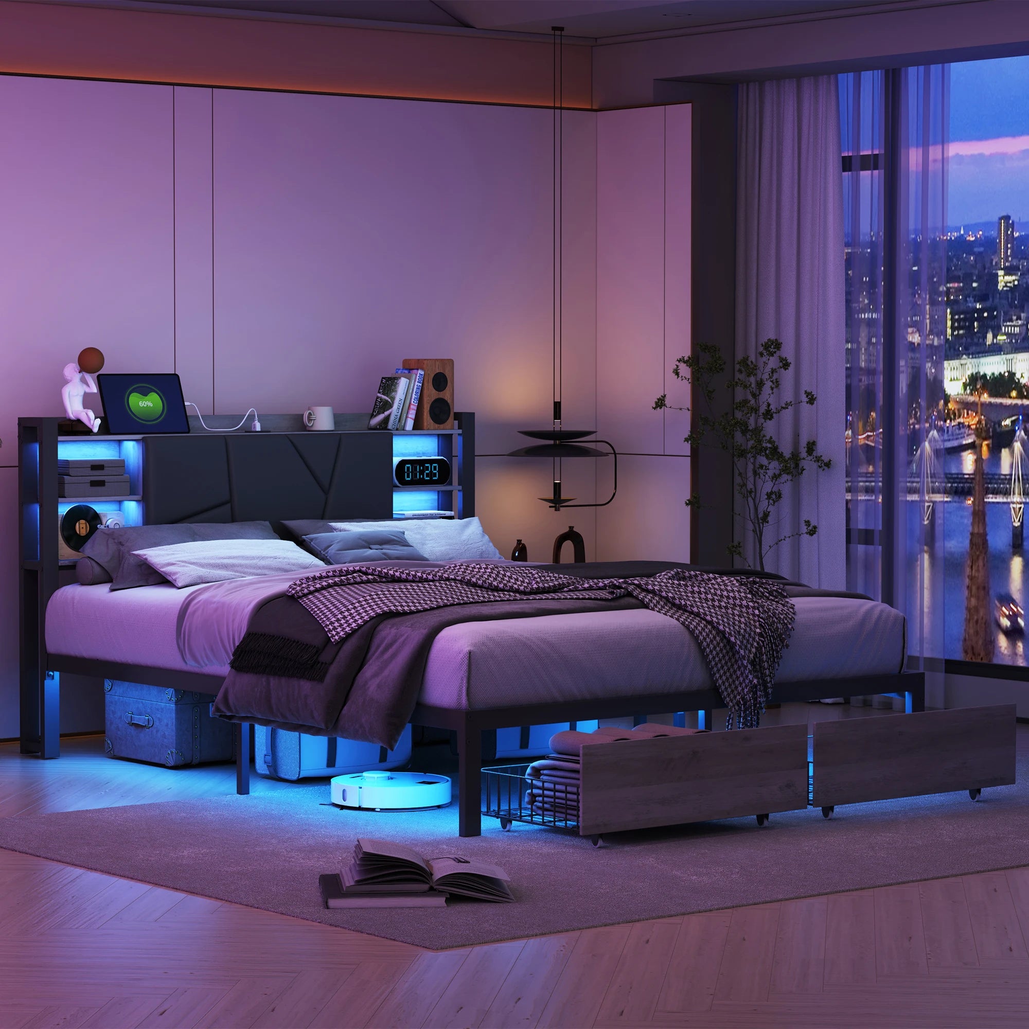 Double Bed with Metal Slatted Base,Platform Bed Frame with LED and 2 Drawers,Headboard with Storage Space,without mattress - vue 2 sur 7
