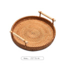 HEMU-Round Rattan Tray, Storage Basket, Tray with Wooden Handle, Bread, Fruit, Cake, Food Plate, Serving Tray for Home Kitchen