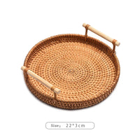 HEMU-Round Rattan Tray, Storage Basket, Tray with Wooden Handle, Bread, Fruit, Cake, Food Plate, Serving Tray for Home Kitchen