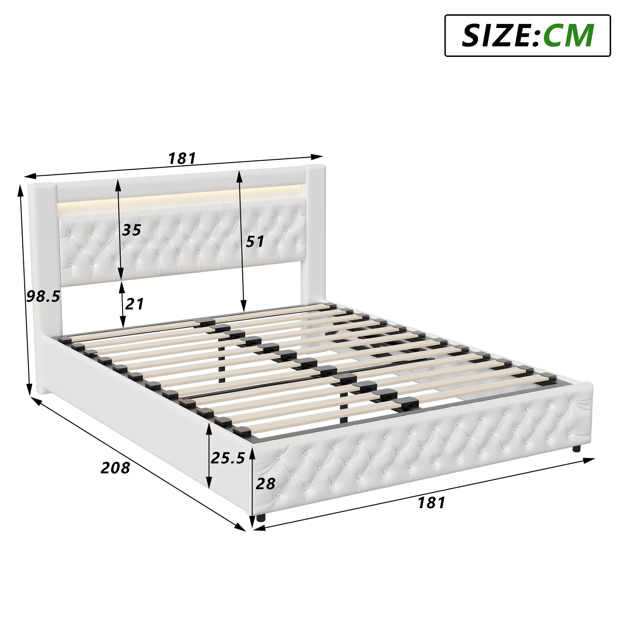Upholstered Bed, Double Bed, PU Bedside Lamp, Hydraulic Functional Storage Bed, Headboard and Slatted Base, Padded Backrest - vue 9 sur 9