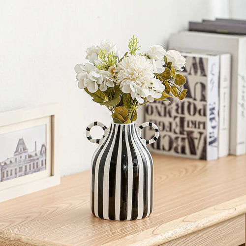 Double Ear Ceramic Vase, Abstract Black and White Striped Hydroponic Vase, Living Room Decoration, Room Aesthetic Decoration - vue 5 sur 14