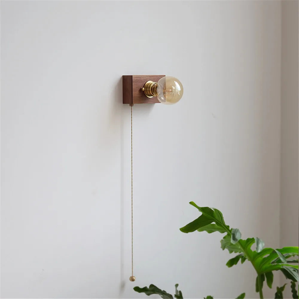 applique murale vintage en noyer avec interrupteur à tirette - vue 6 sur 14
