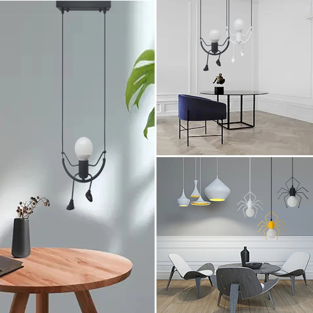 Suspension rétro nordiques petit fer homme araignée lampe suspendue lumière d'escalade LED pour Loft chambre d'enfants café Bar - vue 11 sur 11
