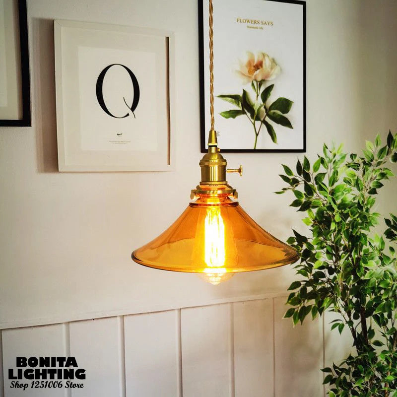 suspension vintage en verre avec base en laiton et interrupteur - vue 5 sur 7