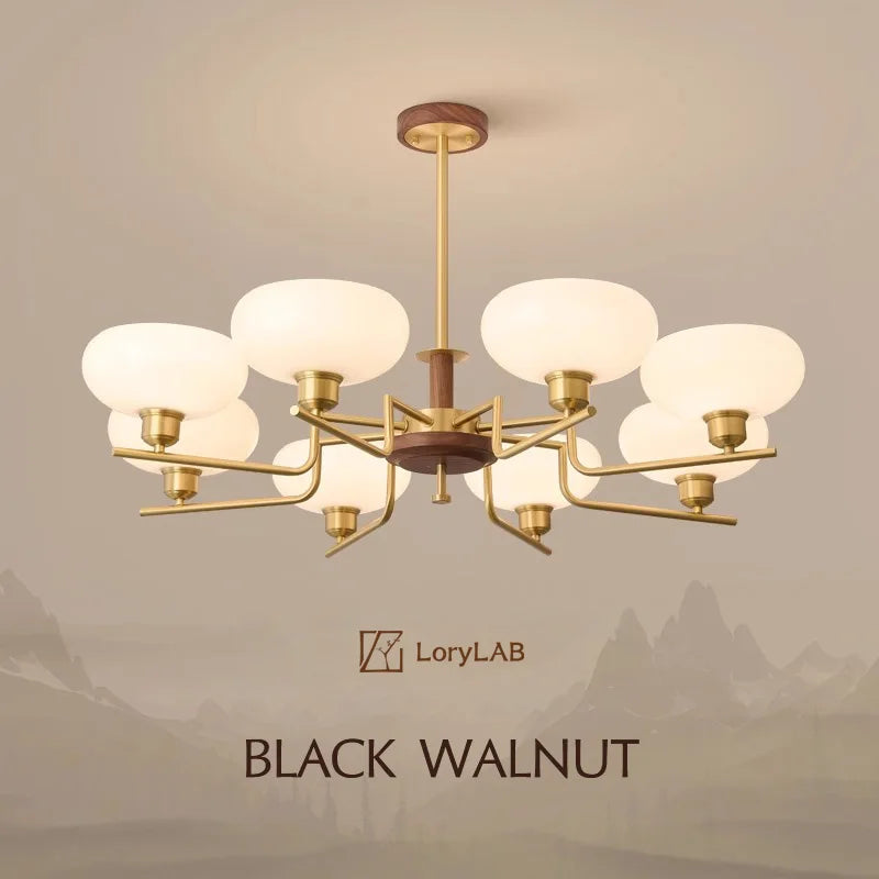 Walnut Wood Glass Brass, Wabi-sabi Modern Vintage style, chandelier lights for Living room, Bedroom, dining room, study - vue 2 sur 12