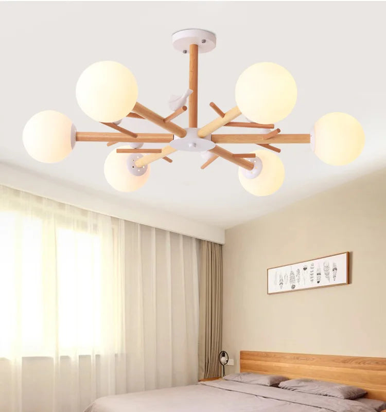 lustre en bois naturel avec abat-jour rond en verre moderne
