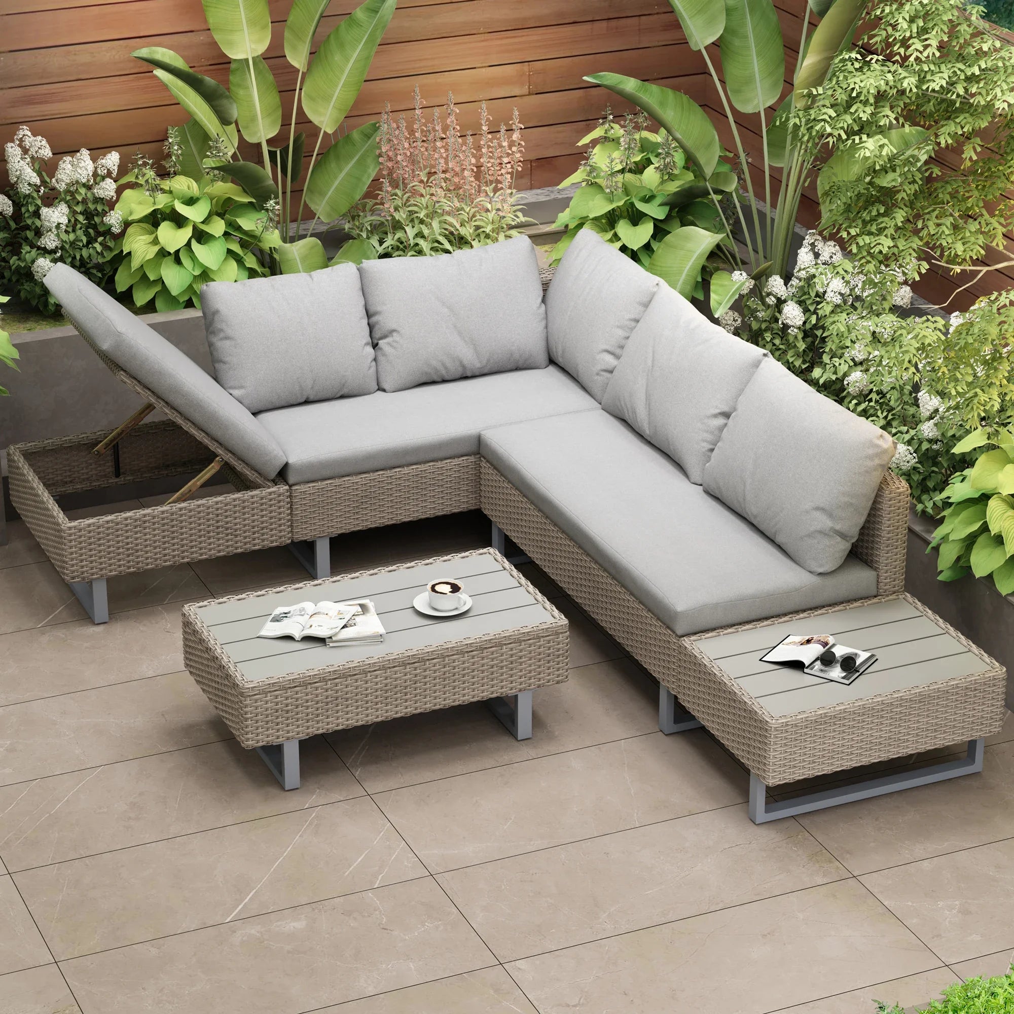 Poly Rattan Garden Lounge Set – 4-5 Seater Corner Sofa with Table & Cushions, Removable Washable Covers, Khaki - vue 2 sur 6