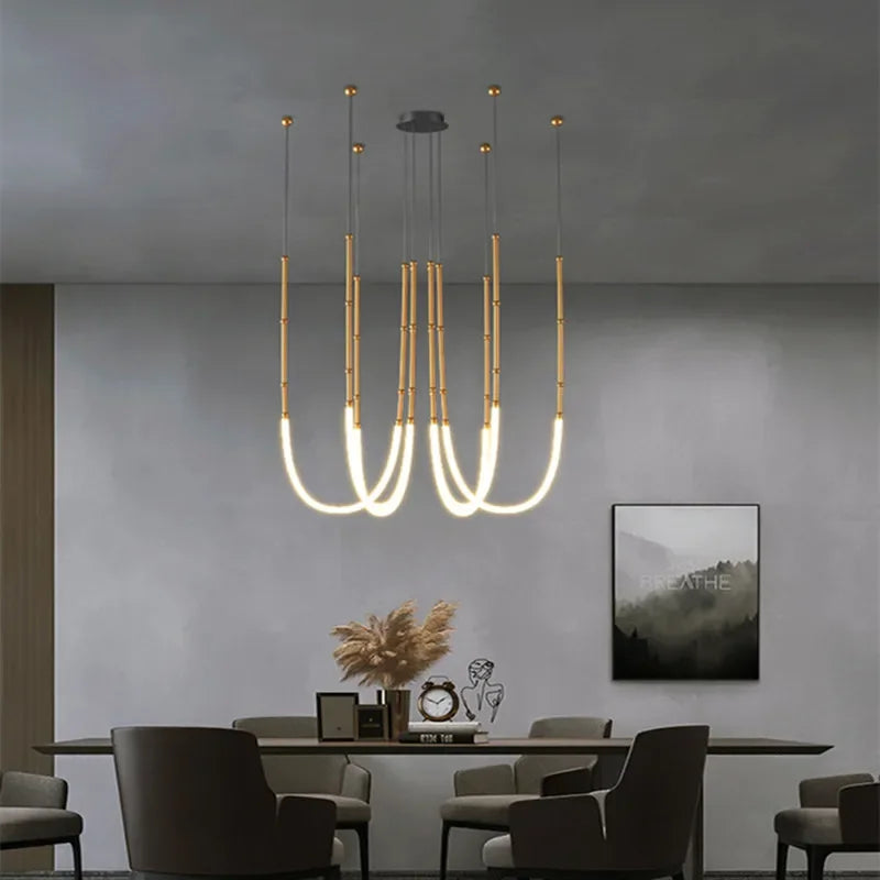 Italian New Restaurant LED Chandelier Modern Villa Living Room Creative Hanging Lamp Simple Line Lights Duplex Floor Chandeliers - vue 4 sur 16