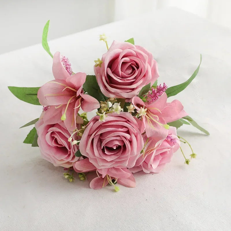décoration mariage bouquet lys et roses artificiels parfumé fleurs de jardin - vue 4 sur 11