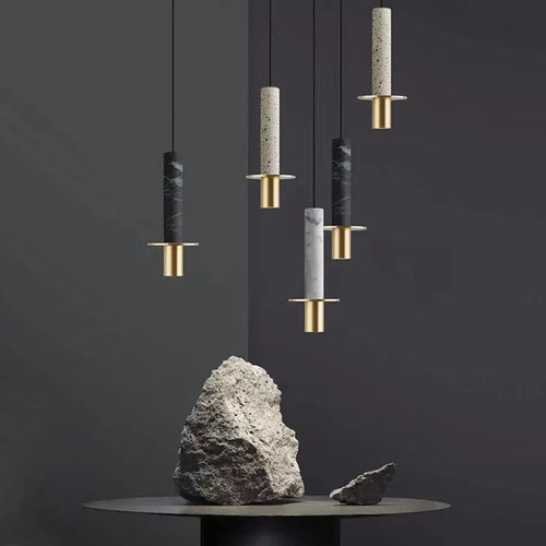 Lampe moderne Terrazzo lustre en marbre projecteur cylindrique suspension Restaurant réception marbre Led lustre trou pierre - vue 4 sur 13