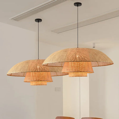 Wabi-sabi rétro rotin suspension Vintage artisanat silencieux lampe à vent pour salon chambre salle à manger Table lustre - vue 4 sur 10