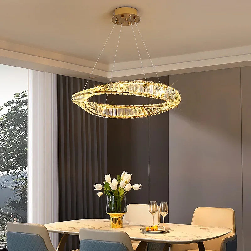 lustre led moderne en cristal k9 avec anneau irrégulier
