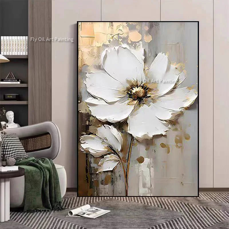 Tableau peinture à l'huile épaisse fleurs blanches abstraites décoration murale luxe - vue 11 sur 11
