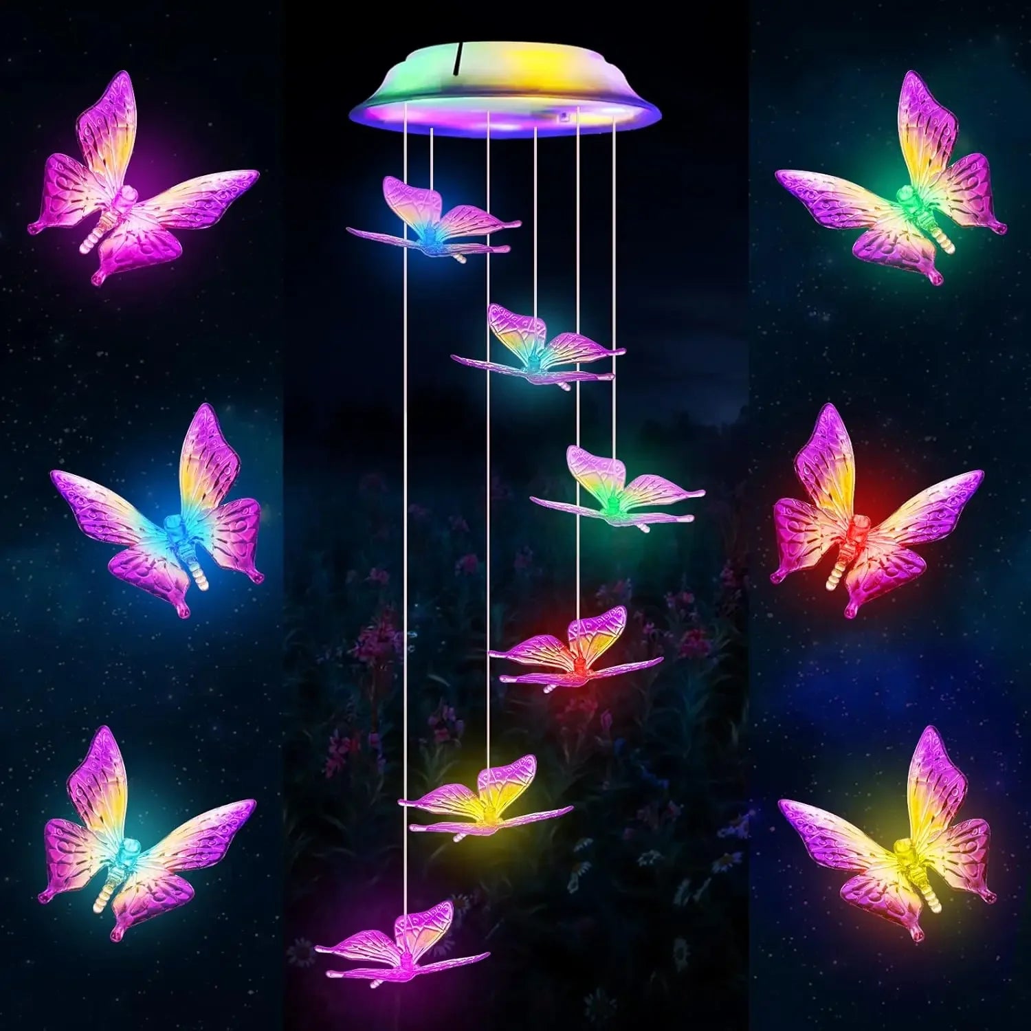 lampe solaire led colorée avec boule cristal papillon pour jardin