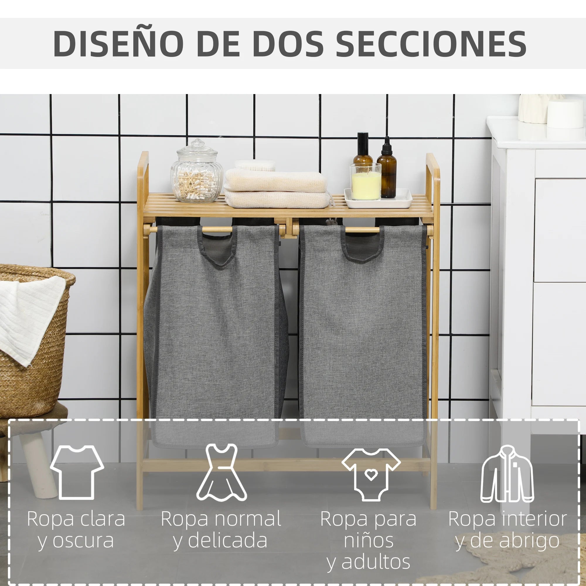 HOMCOM bamboo dirty laundry basket with 2 removable bags 63.5x33x73cm Natural - vue 5 sur 7
