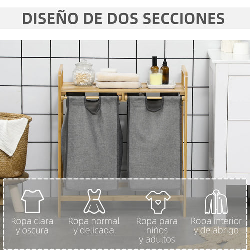 HOMCOM bamboo dirty laundry basket with 2 removable bags 63.5x33x73cm Natural - vue 6 sur 7