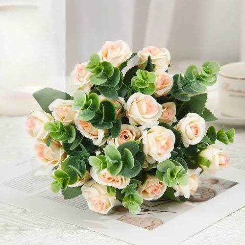 lot de 10 roses artificielles bouquet avec eucalyptus et pivoines décoratif - vue 7 sur 10