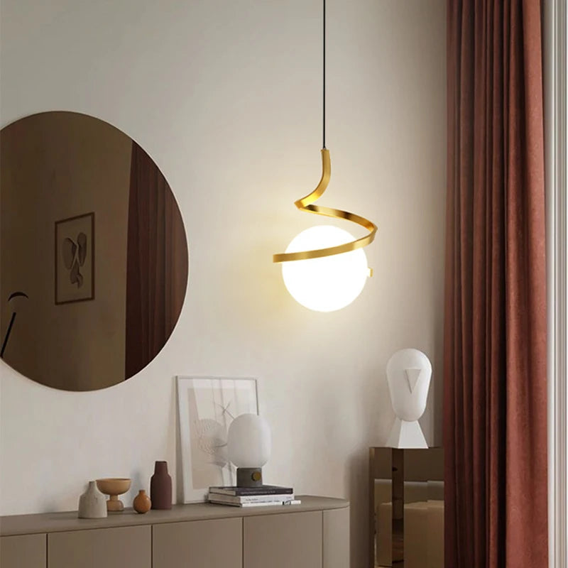 Nordique décoration de la maison spirale suspension LED haut plafond lampes suspendues pour éclairage de chevet noir blanc or verre abat-jour - vue 4 sur 9