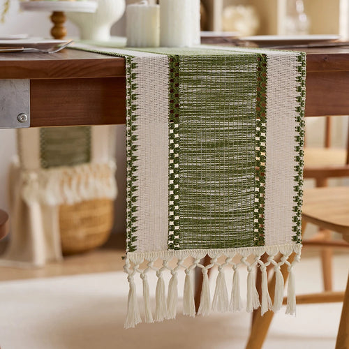 Chemin de table rayé bohème nordique pompons beige - vue 5 sur 6