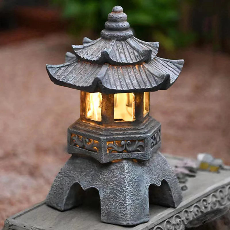 sculpture de jardin lampe solaire en résine design japonais étanche