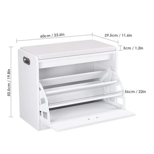 Getone Shoe Bench Entryway Shoe Rack, White Shoe Storage Cabinet with PU Leather Seat, Flip Drawer, White 60x29.5x50.5cm - vue 4 sur 6