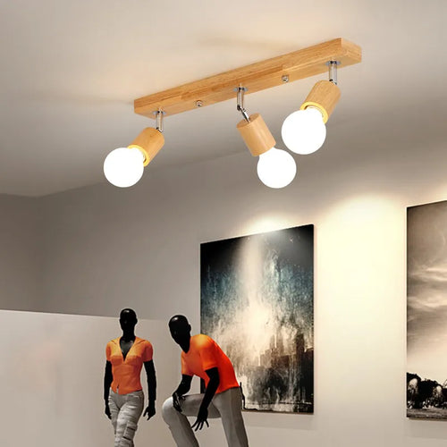 Plafonnier avec spots Projecteur de style nordique LED couloir salle à manger japonais en bois massif - vue 5 sur 6