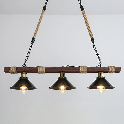 Vintage industrial chandelier in solid wood with hemp rope - vue 2 sur 7
