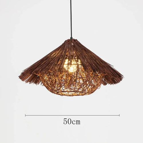 Chinese rattan pendant light, hand woven straw hat lampshade pendant light, living room decoration, indoor lighting fixtures - vue 13 sur 14