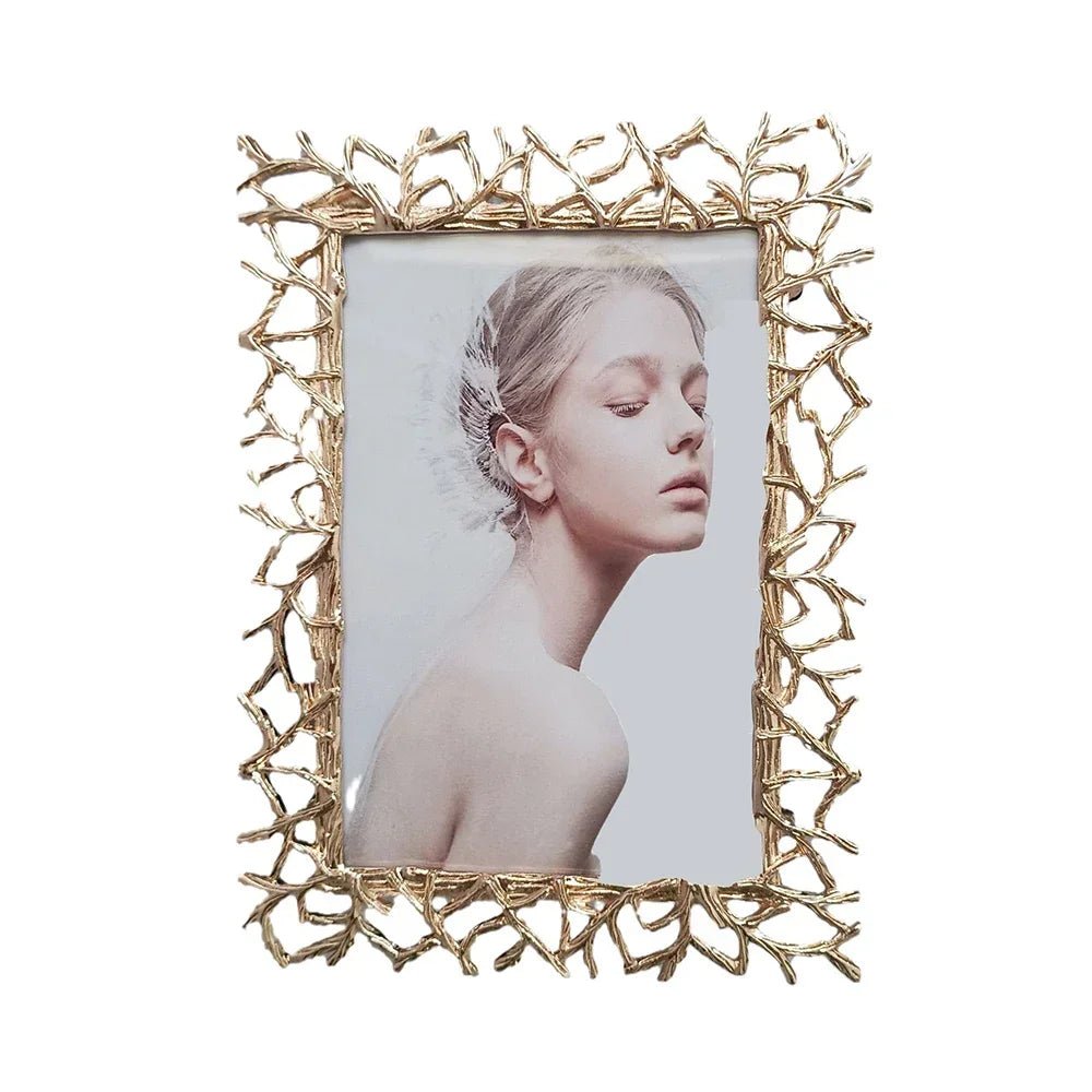 Golden Silver Art Photo Frame,Desktop Photo Display Ornaments,Bedroom Portrait Decor,Exquisite Creative Branch,Metal Photo Frame