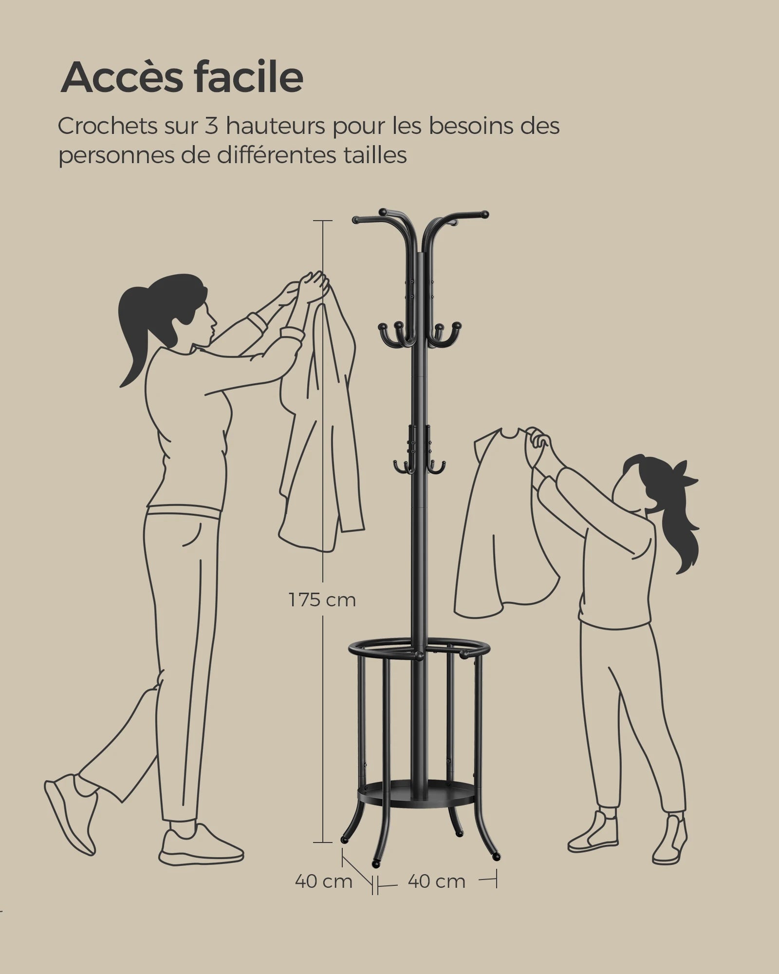 SONGMICS Coat Rack Freestanding, Coat Stand with Umbrella Holder, 12 Hooks, Metal, 175 cm Tall, for Entryway, Hallway - vue 6 sur 8