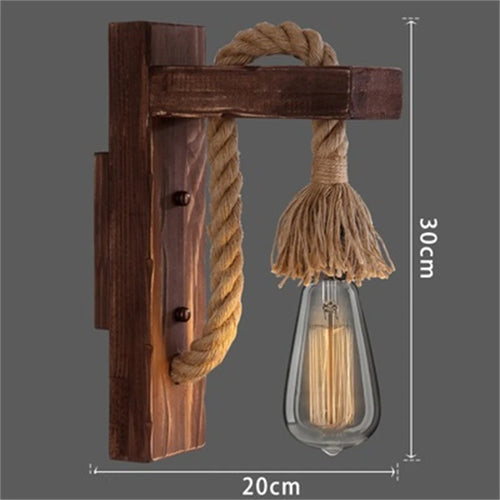 Vintage industrial wood and hemp rope LED wall light loft - vue 11 sur 15
