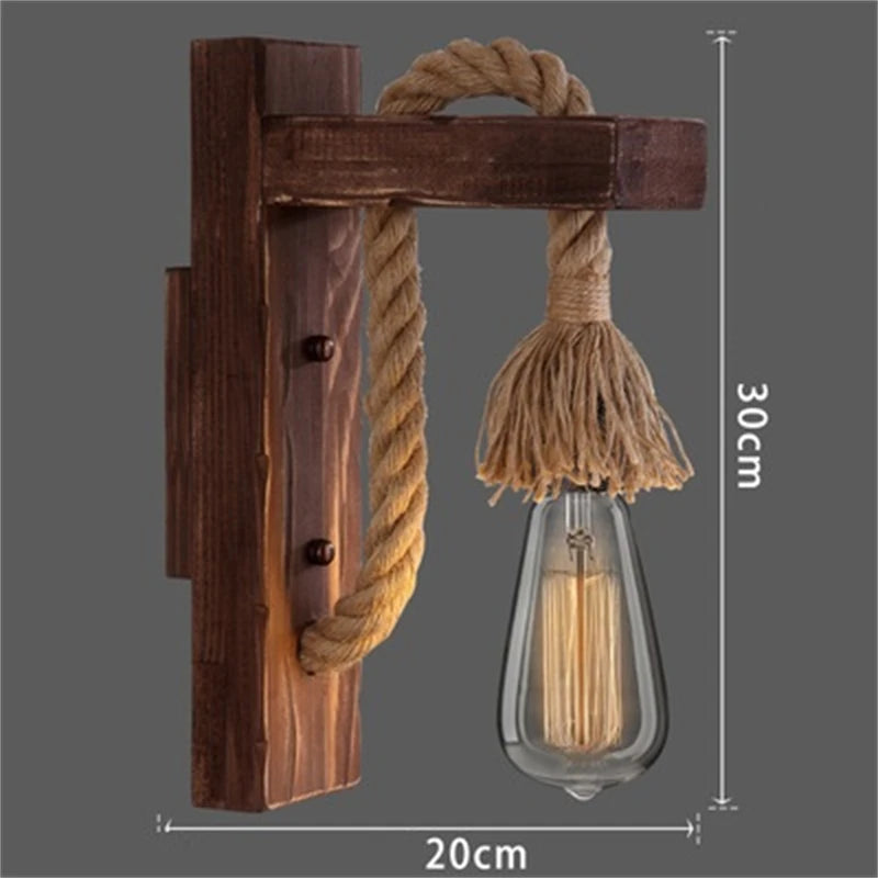 Vintage industrial wood and hemp rope LED wall light loft - vue 10 sur 15