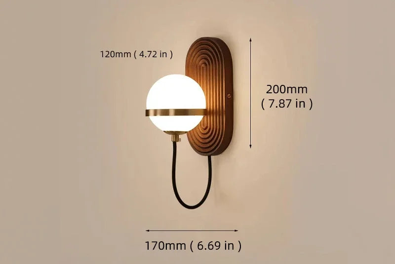Walnut Wood Circular Sphere, Modern style Wabi-sabi minimalist Wall Sconce light for Bedroom, Bedside, Living, Dining Room