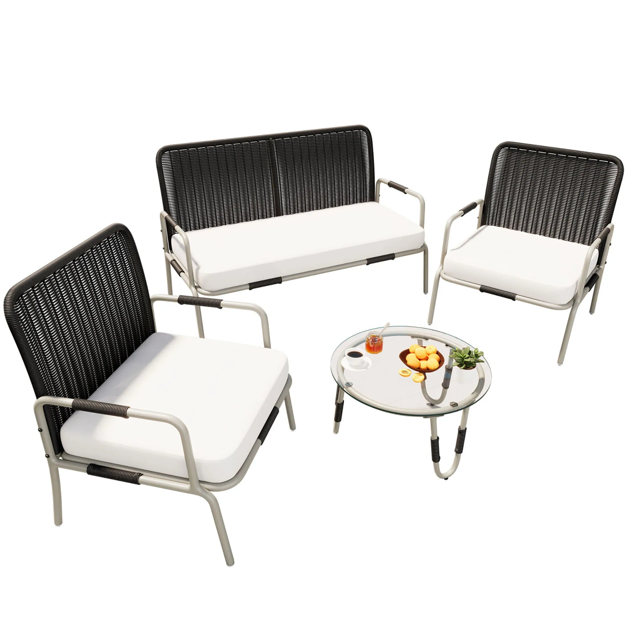 Poly Rattan Furniture Set with Armchair, Coffee Table &amp; Cushions, Removable and Washable Fabric Cover Garden Furniture Set