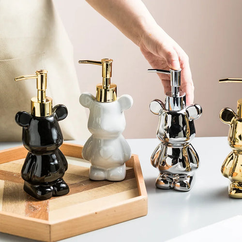 Bear Shape Ceramics Soap and Gel Dispenser, Creative Gold Silver, 200ml Empty Shampoo Bottle, Bathroom Storage Accessories - vue 2 sur 10