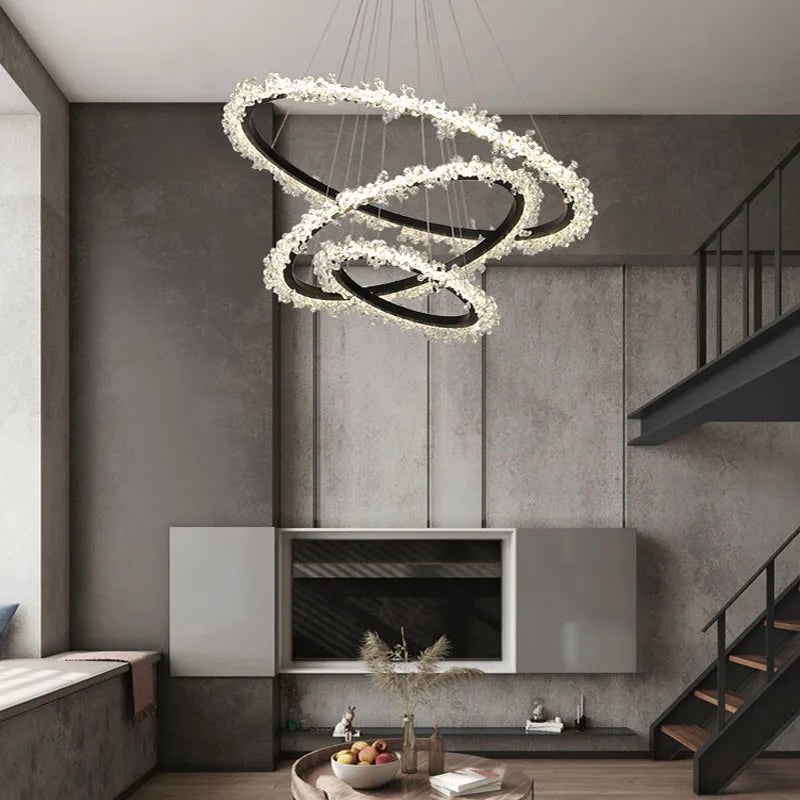 lustre en cristal de luxe avec anneau doré lumineux et élégant - vue 2 sur 18