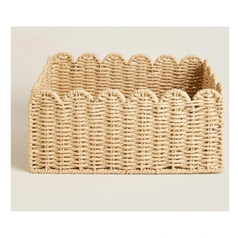 Scalloped Edge Basket, Wicker Storage Baskets,Handwoven Organizing Baskets For Shelves, Paper Rope Design - vue 3 sur 6