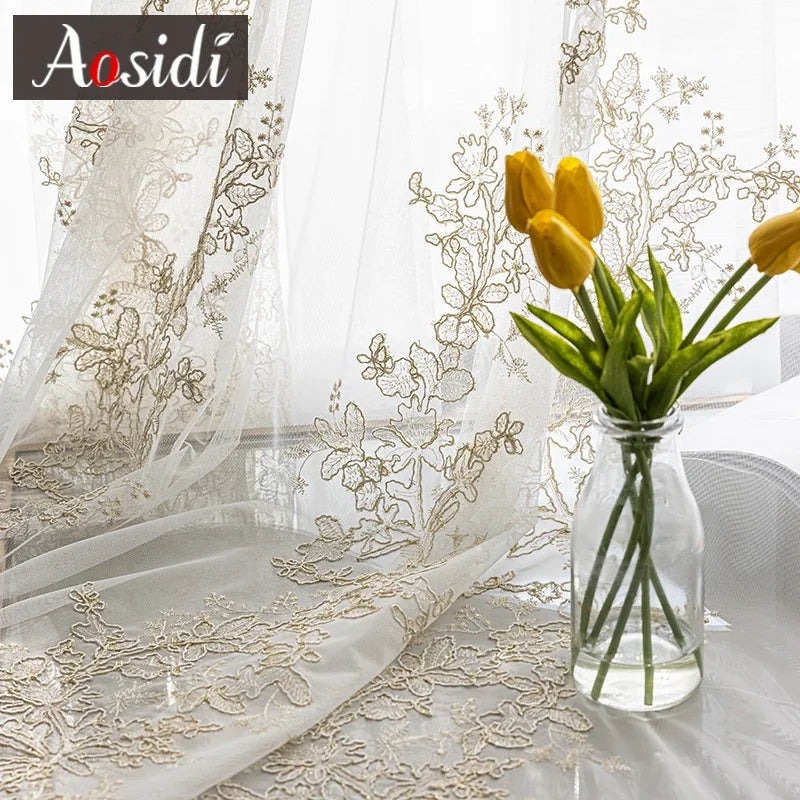 Voilage tulle brodé floral rideau moderne salon chambre - vue 4 sur 7