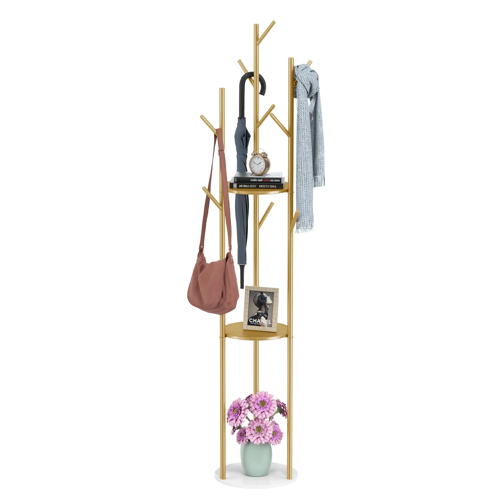 Marble Metal Coat Rack Freestanding with 3 Storage Shelves and 9 Hooks, Enterway Hall Tree for Hanging Coats, Jackets, Hats, Bag - vue 5 sur 7
