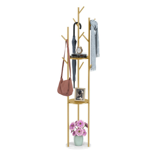 Marble Metal Coat Rack Freestanding with 3 Storage Shelves and 9 Hooks, Enterway Hall Tree for Hanging Coats, Jackets, Hats, Bag - vue 6 sur 7